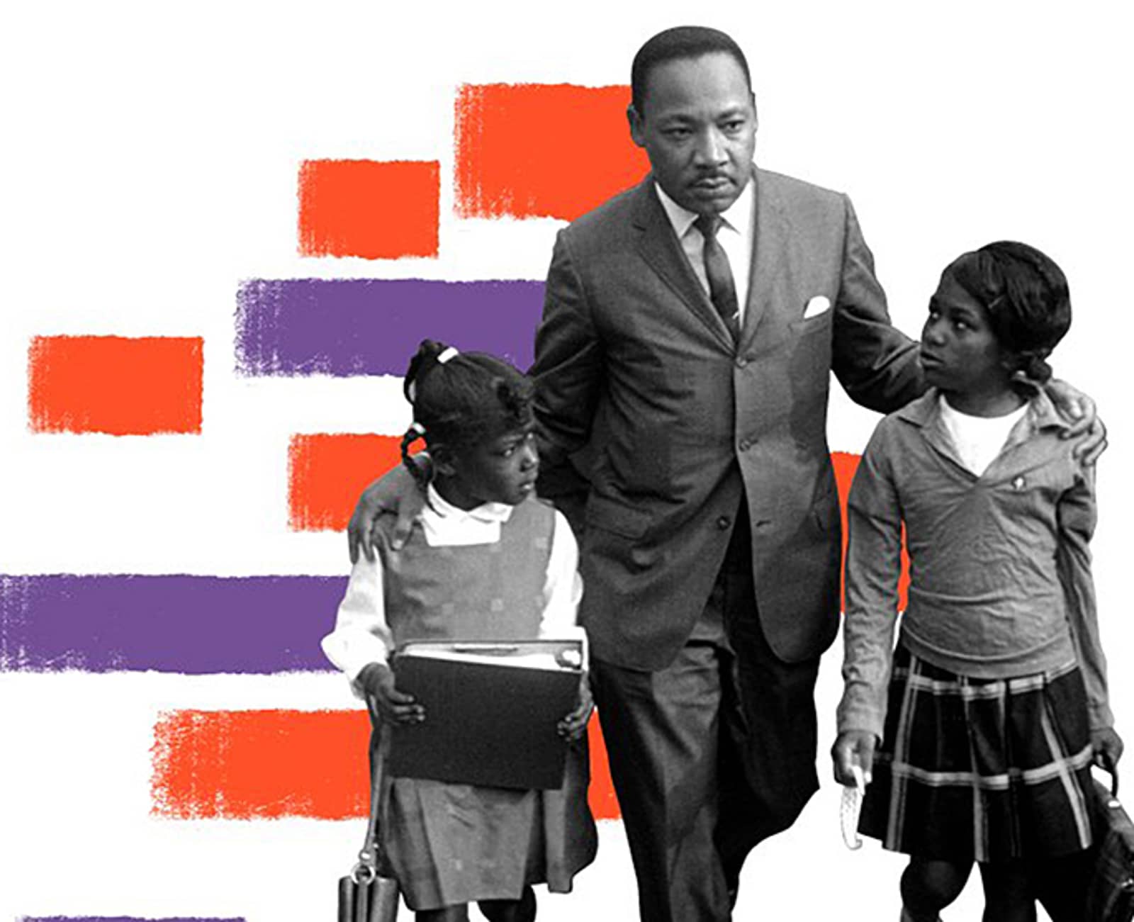 Dr. Martin Luther King Jr. walks between seven-year-old Eva Gracelemon, left, and 10-year-old Aritha Willis as he escorts black school children to formerly all-white schools in Grenada, Miss., Tuesday morning, Sept. 20, 1966.